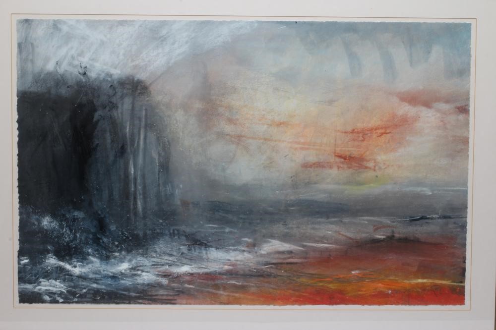 DAVID BAUMFORTH (b.1942) "Bempton Cliffs at Dusk", mixed media, signed and inscribed, 21 1/2x 34, Image