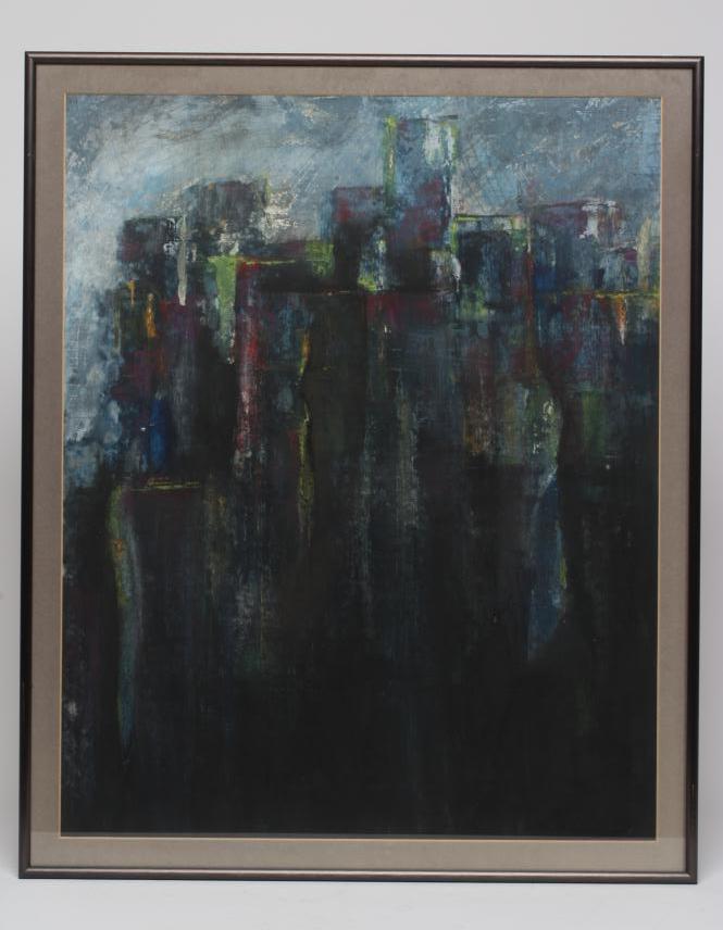 DARREN LEAF (Contemporary) Leeds Skyline, mixed media, signed to reverse and dated 1996, 24 x Image