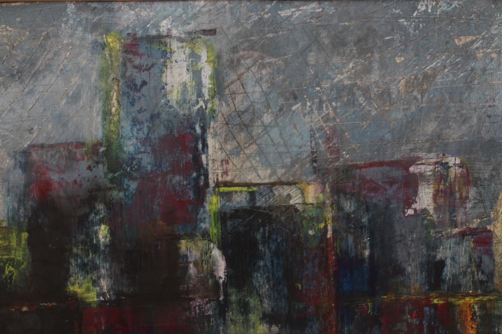 DARREN LEAF (Contemporary) Leeds Skyline, mixed media, signed to reverse and dated 1996, 24 x Image