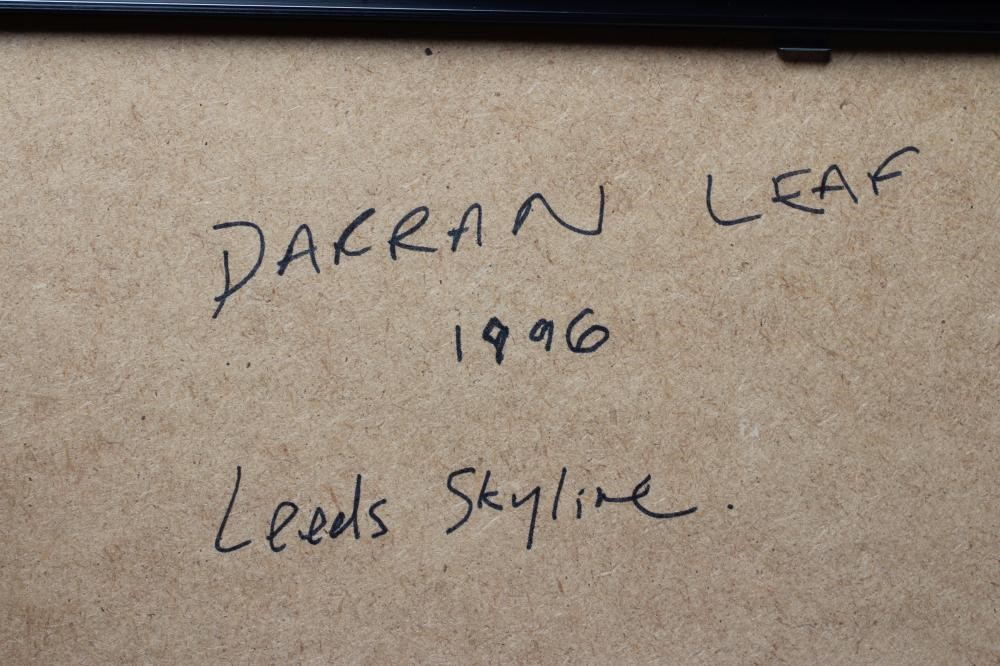 DARREN LEAF (Contemporary) Leeds Skyline, mixed media, signed to reverse and dated 1996, 24 x Image