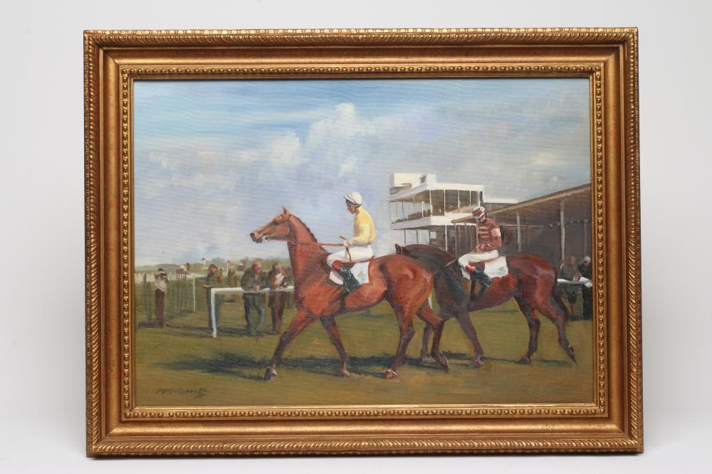 M. C.(?) ROBERTS (Contemporary) Wetherby Racecourse, oil on canvas, signed, 16 x 22 1/4", gilt Image