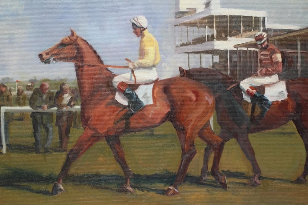 M. C.(?) ROBERTS (Contemporary) Wetherby Racecourse, oil on canvas, signed, 16 x 22 1/4", gilt Image