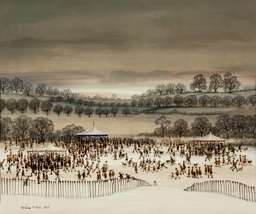 BRIAN SHIELDS "BRAAQ" (1951-1997) "Fete Day", oil on board, signed "Braaq 75 FBA "Ann" ", 17 3/4" x Image