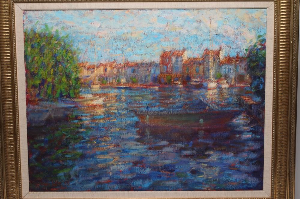 JOHN MACKIE (b.1953) Italian Lake Scene, oil on canvas, signed and dated (19)89, 27 3/4" x 35 3/4", Image