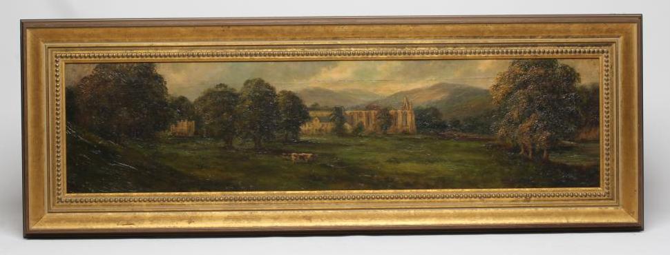 EDWIN RIBY (19th/20th Century) Bolton Abbey, oil on canvas, signed, 10 1/4" x 40 1/2", gilt frame Image