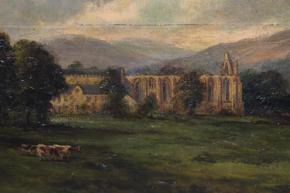 EDWIN RIBY (19th/20th Century) Bolton Abbey, oil on canvas, signed, 10 1/4" x 40 1/2", gilt frame Image