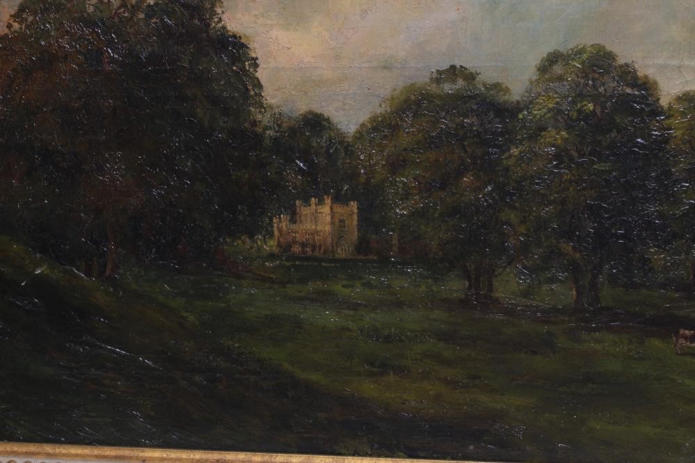 EDWIN RIBY (19th/20th Century) Bolton Abbey, oil on canvas, signed, 10 1/4" x 40 1/2", gilt frame Image