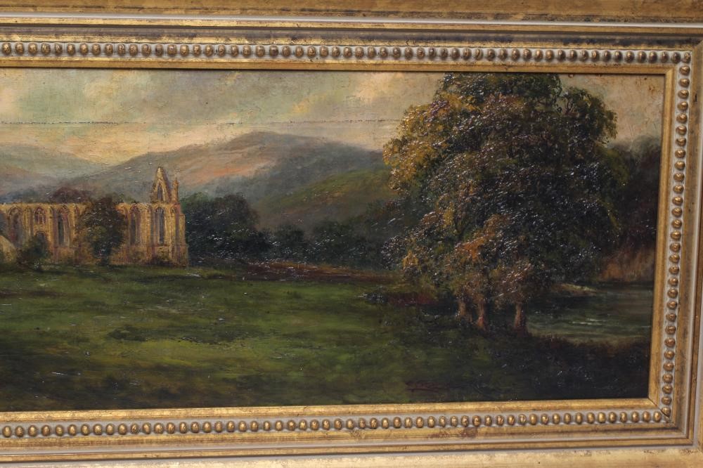 EDWIN RIBY (19th/20th Century) Bolton Abbey, oil on canvas, signed, 10 1/4" x 40 1/2", gilt frame Image