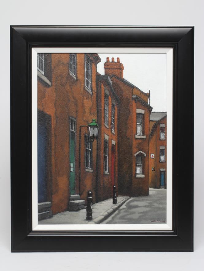 STUART WALTON (b.1933) "Hirst's Yard from Call Lane Leeds", acrylic on cotton, 16" x 12 1/2", Image