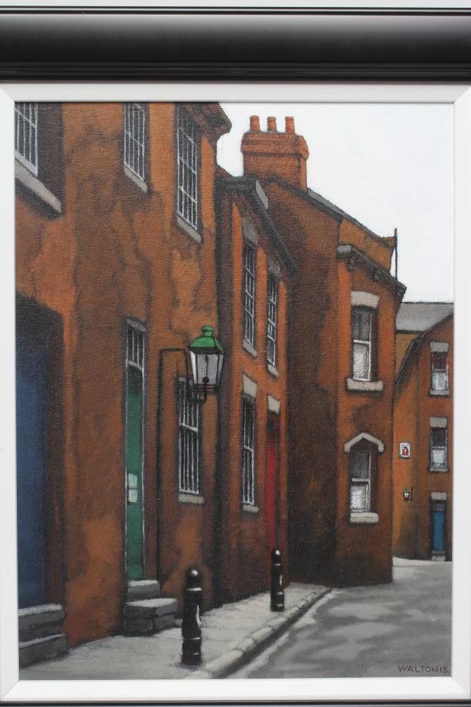 STUART WALTON (b.1933) "Hirst's Yard from Call Lane Leeds", acrylic on cotton, 16" x 12 1/2", Image