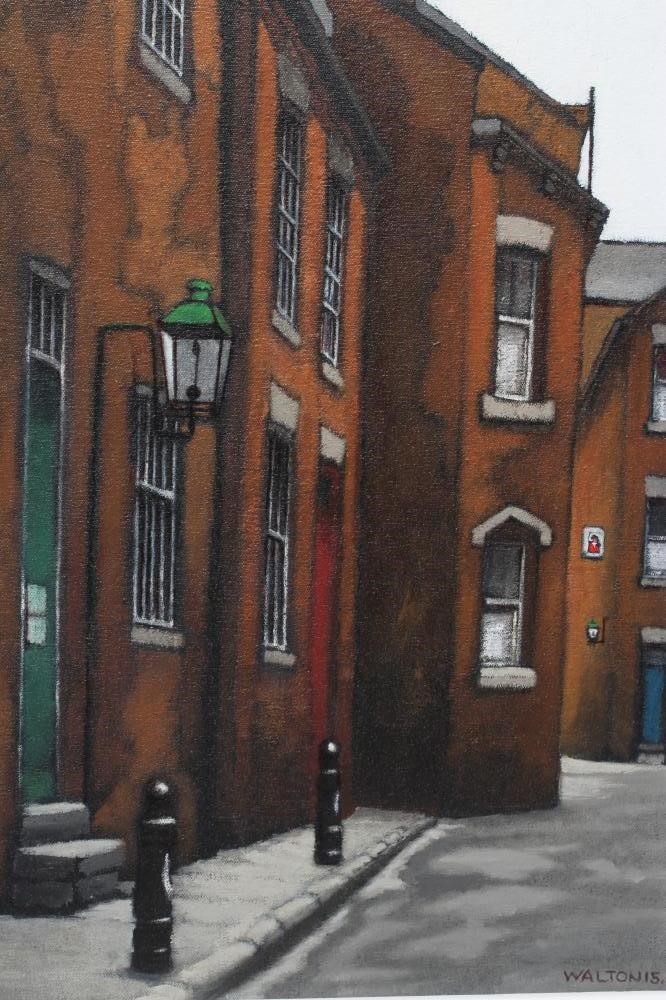 STUART WALTON (b.1933) "Hirst's Yard from Call Lane Leeds", acrylic on cotton, 16" x 12 1/2", Image
