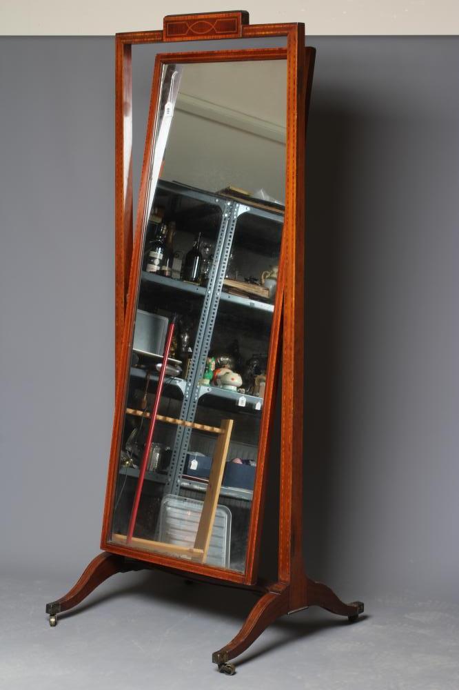 AN EDWARDIAN MAHOGANY CHEVAL MIRROR with satinwood banding and chequer stringing Image