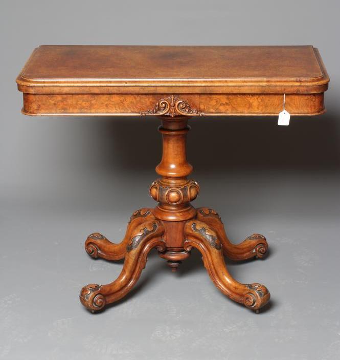 A VICTORIAN BURR WALNUT FOLDING CARD TABLE Image