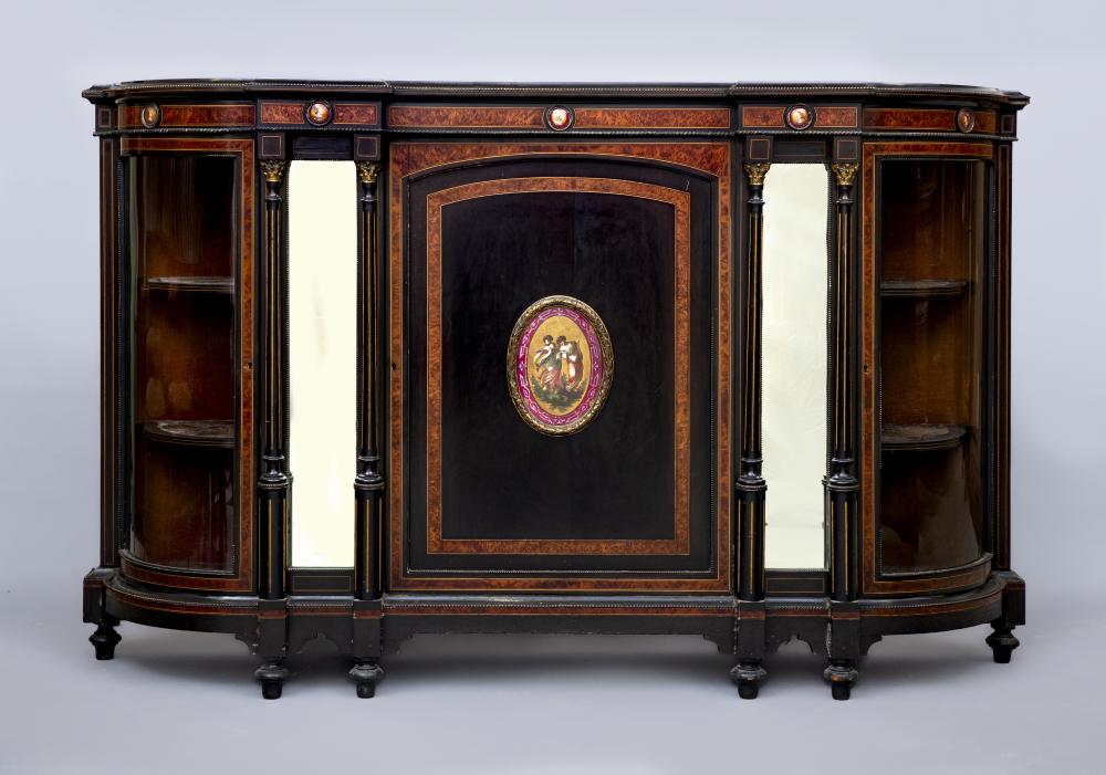 A VICTORIAN EBONISED CREDENZA of inverted breakfront D form with stringing Image