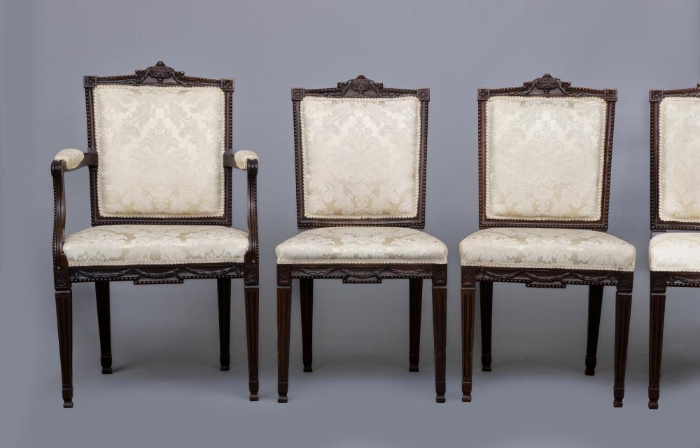 A SET OF TEN (8+2) LATE VICTORIAN MAHOGANY DINING CHAIRS in the neoclassical style upholstered in Image
