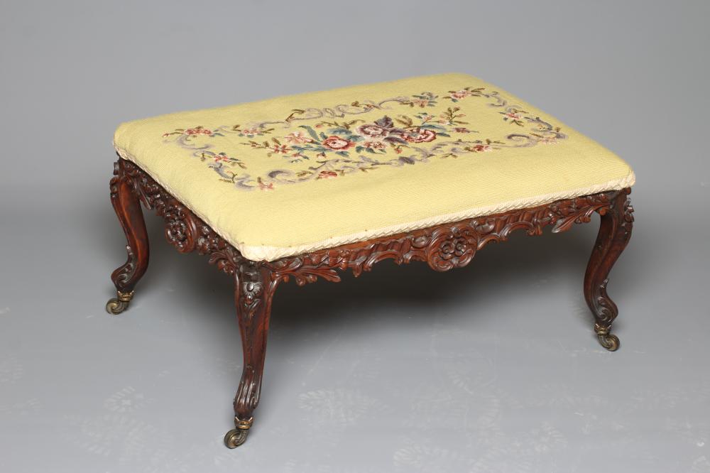 A VICTORIAN DRESSING STOOL of oblong form in rosewood and mahogany Image