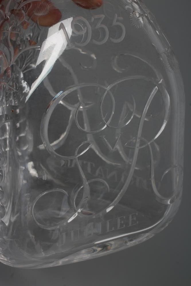 OF ROYAL INTEREST - A Stevens & Williams triangular glass decanter with crown stopper Image