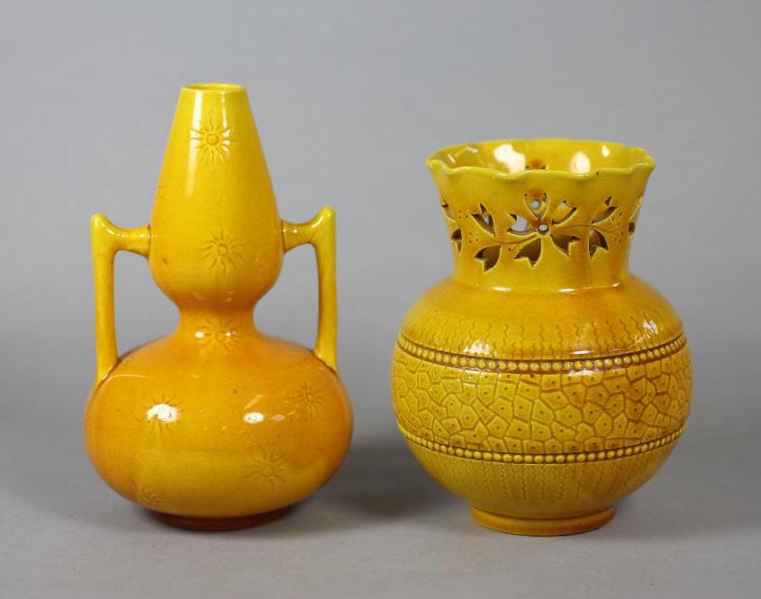 TWO BURMANTOFTS "FAIENCE" OCHRE GLAZED VASES Image