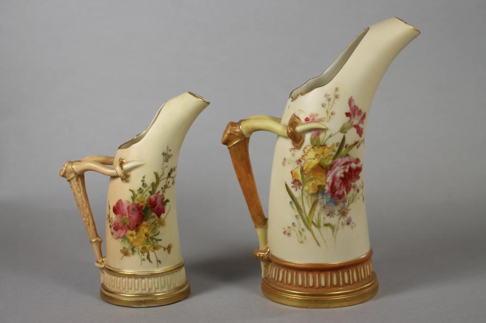TWO GRADUATED ROYAL WORCESTER CHINA "TUSK" JUGS Image