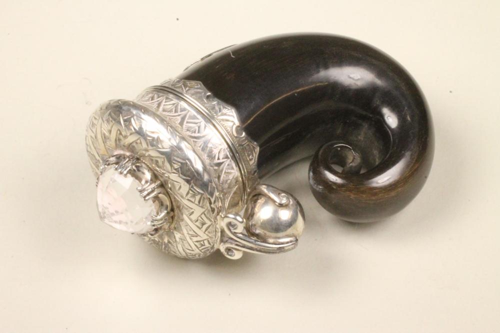 A VICTORIAN SCOTTISH POLISHED HORN SNUFF MULL of typical form with engraved silver mount and hinged Image