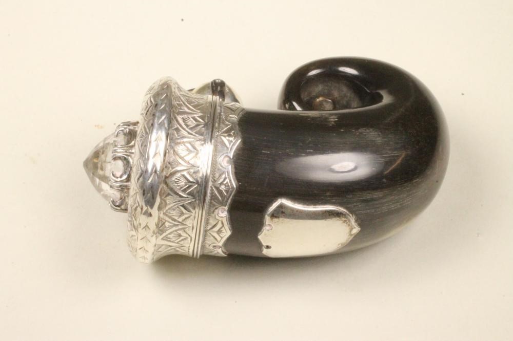 A VICTORIAN SCOTTISH POLISHED HORN SNUFF MULL of typical form with engraved silver mount and hinged Image