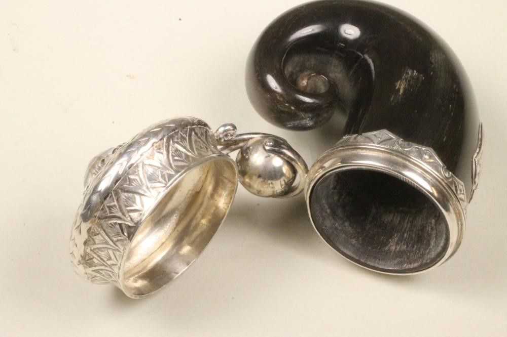 A VICTORIAN SCOTTISH POLISHED HORN SNUFF MULL of typical form with engraved silver mount and hinged Image