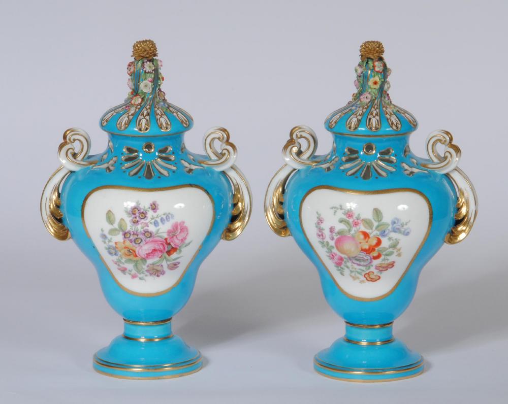 A PAIR OF MINTON PORCELAIN POT POURRI VASES AND COVERS Image