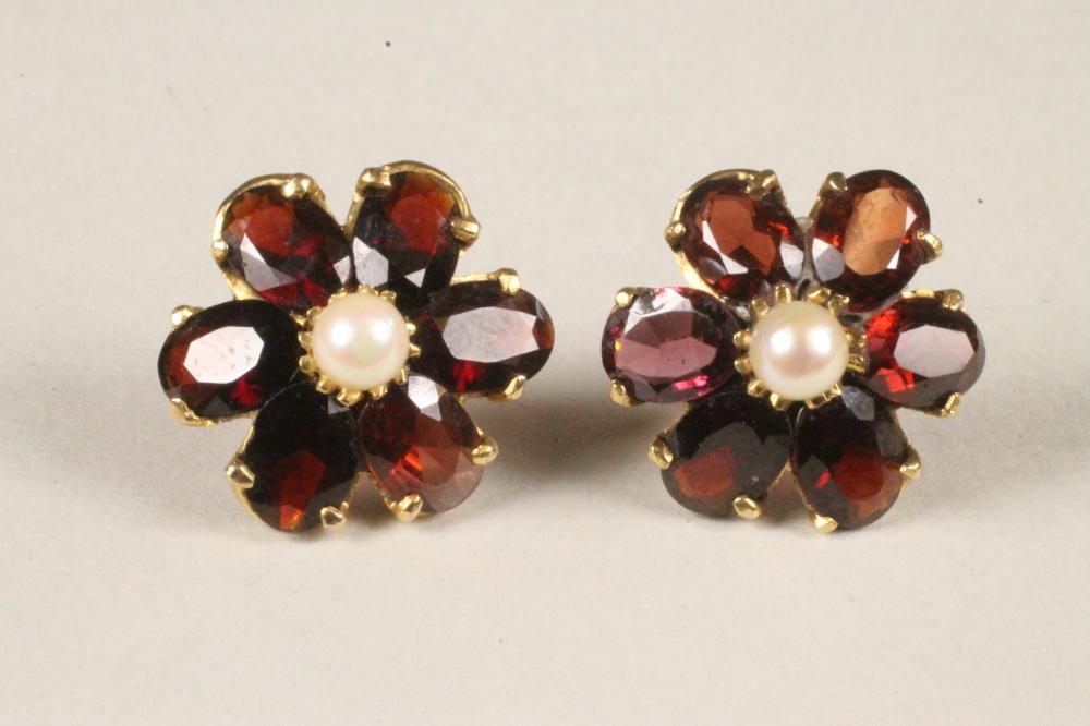 A PAIR OF GARNET AND PEARL CLUSTER EAR STUDS Image