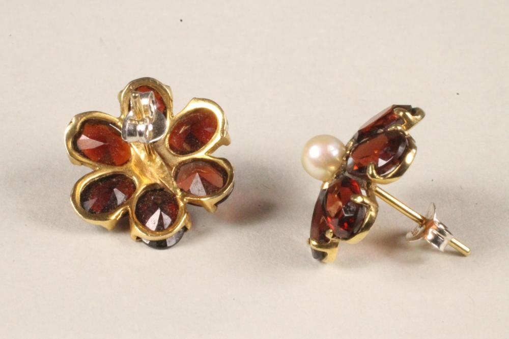 A PAIR OF GARNET AND PEARL CLUSTER EAR STUDS Image