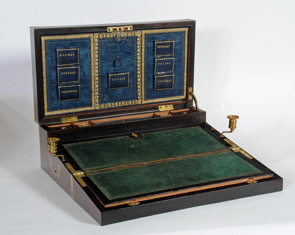 A VICTORIAN ROSEWOOD THOMPSON'S PATENT CAMPAIGN WRITING BOX Image