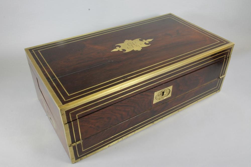 A VICTORIAN ROSEWOOD THOMPSON'S PATENT CAMPAIGN WRITING BOX Image