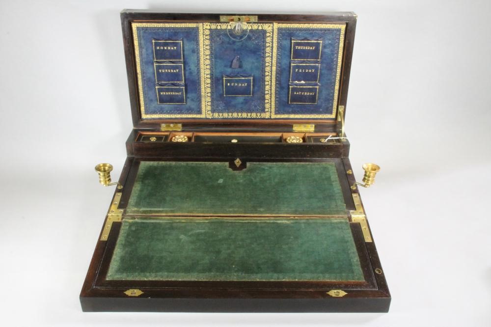 A VICTORIAN ROSEWOOD THOMPSON'S PATENT CAMPAIGN WRITING BOX Image