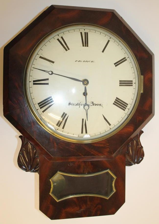 A VICTORIAN MAHOGANY DROP DIAL WALL CLOCK signed Pearce Image