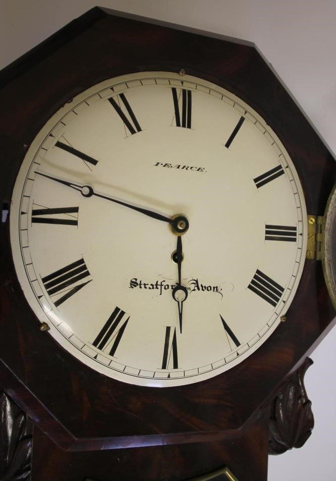 A VICTORIAN MAHOGANY DROP DIAL WALL CLOCK signed Pearce Image