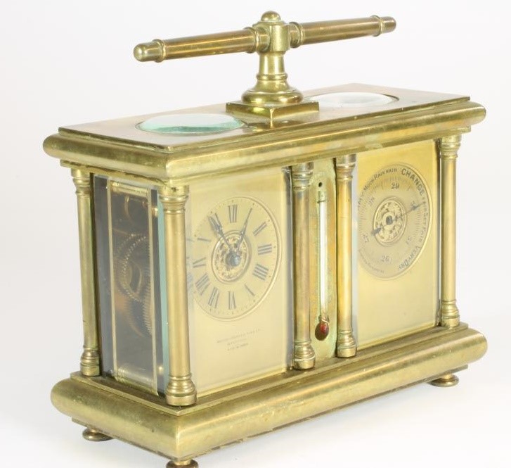 A FRENCH BRASS WEATHER STATION CARRIAGE CLOCK Image