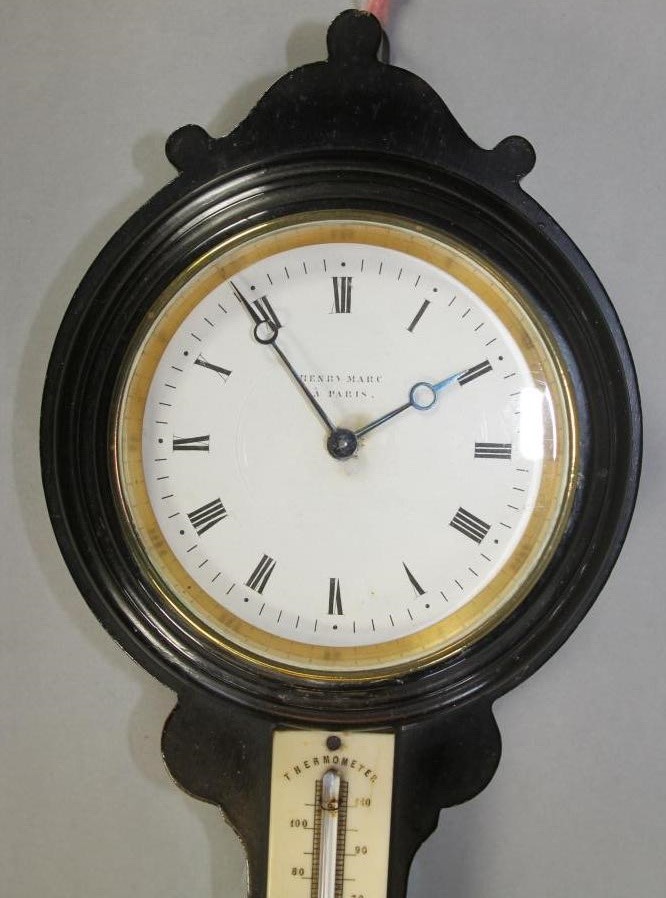 A VICTORIAN EBONISED WALL CLOCK with barometer Image
