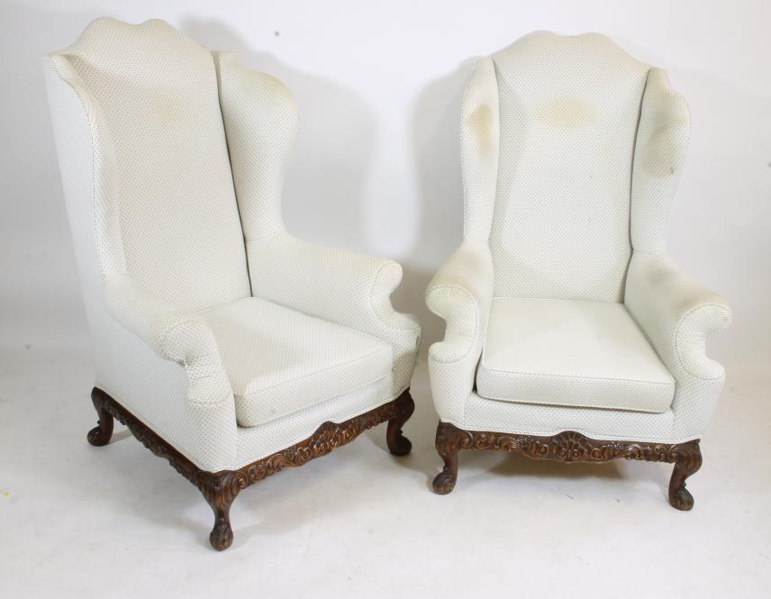 A PAIR OF GEORGIAN DESIGN WALNUT WING ARMCHAIRS Image