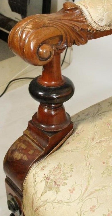 A VICTORIAN WALNUT AND EBONISED PART SALON SUITE upholstered in cream floral silk weave Image