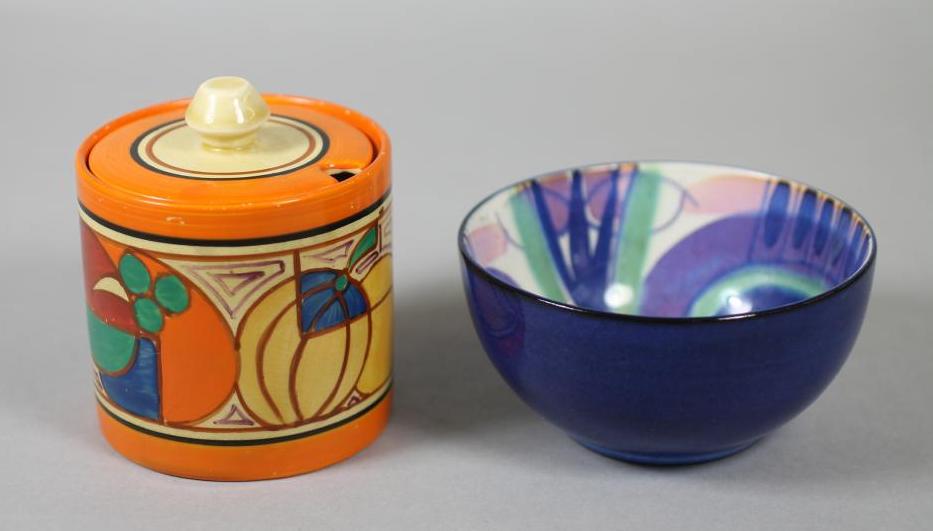A CLARICE CLIFF WILKINSON POTTERY FANTASQUE PRESERVE JAR AND COVER Image