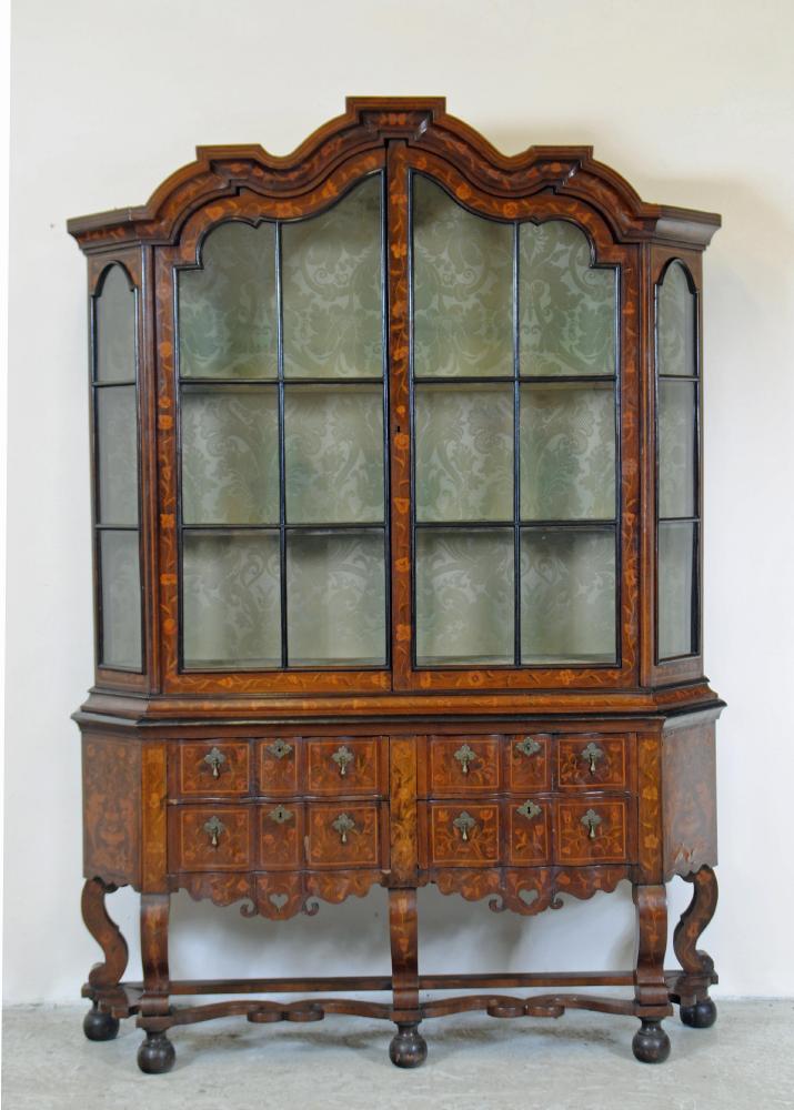 A DUTCH WALNUT AND FLORAL MARQUETRY DISPLAY CABINET ON STAND of canted shallow form Image