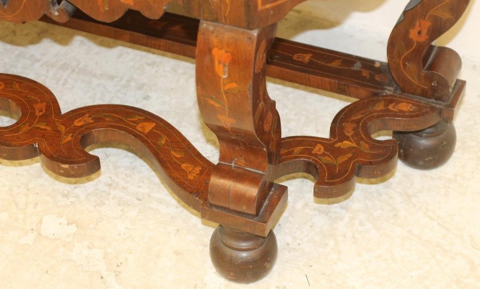 A DUTCH WALNUT AND FLORAL MARQUETRY DISPLAY CABINET ON STAND of canted shallow form Image