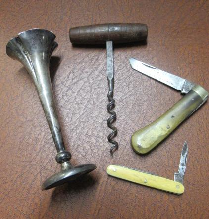 SILVER VASE  TWO PEN KNIVES AND A CORKSCREW Image