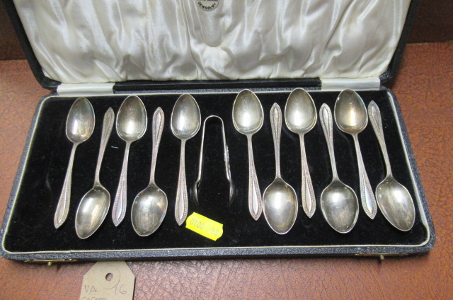 CASED SILVER TEASPOONS AND TONGS Image