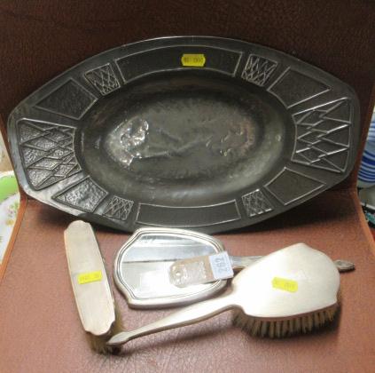 SILVER DRESSING TABLE SET AND PEWTER PLATTER Image