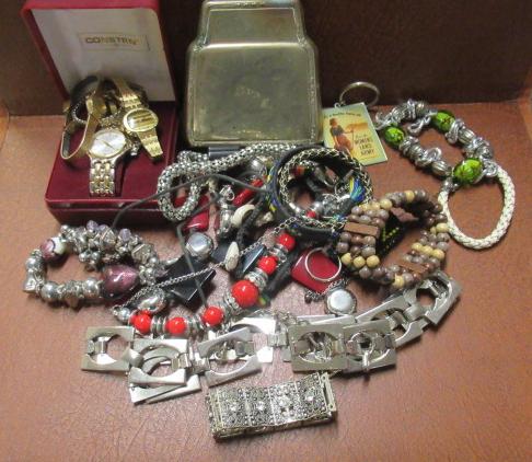 BOX OF COSTUME JEWELLERY  WATCHES AND A METAL PURSE ETC Image