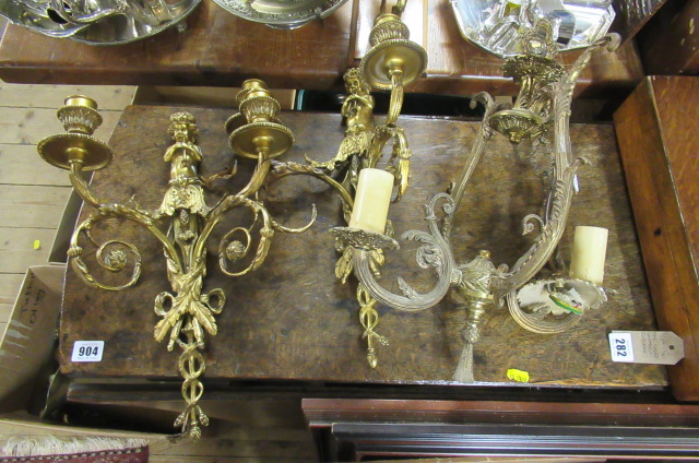 PAIR OF GILT METAL WALL LIGHTS AND A CEILING LIGHT Image