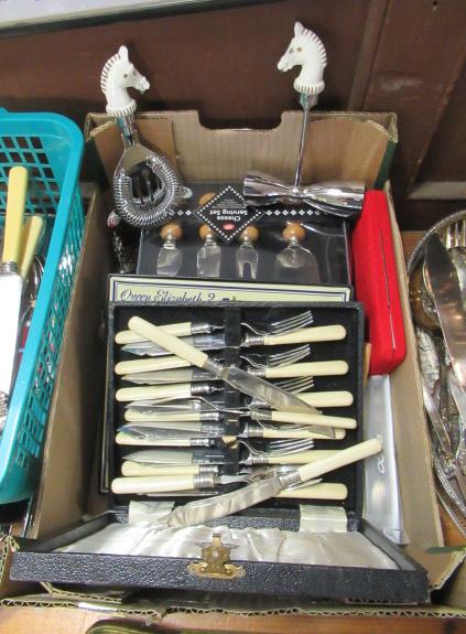 BOX OF CASED CUTLERY AND A COCKTAIL SET ETC Image