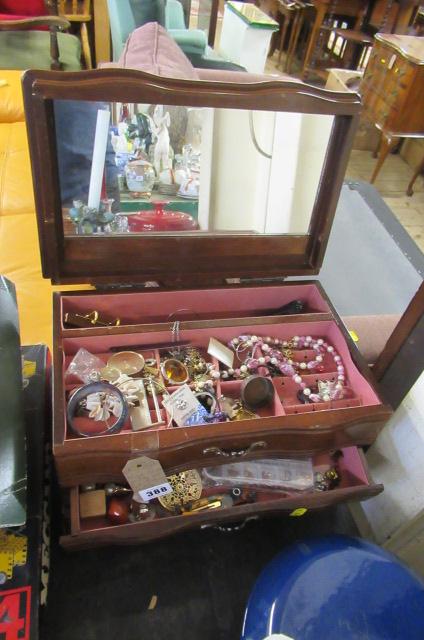 LARGE WOODEN JEWELLERY BOX WITH COSTUME JEWELLERY Image