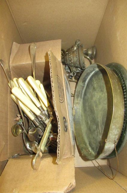BOX OF CUTLERY AND BRASS ETC Image
