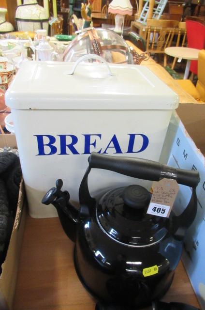 LE CREUSET HOB KETTLE AND ENAMEL BREAD BIN Image